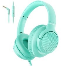 Headphones Wired Microphone Over Ear Foldable 3.5mm Plug 4.9ft Cord Green