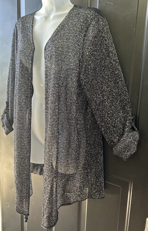 Cárdigan festivo French Laundry frente abierto para mujer talla grande 14/16 negro/plateado Foto 3 de 4