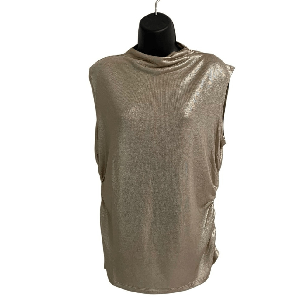 RM by Rebecca Minkoff Women's L Mock Neck Gold Metallic Sleeveless Blouse Ruched