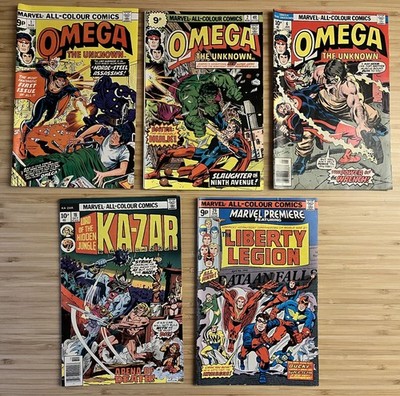 Marvel Comics: Omega The Unknown issues #1, 2, 6, Kazar #18, Marvel Premiere #29