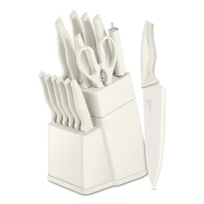Knife Set 15 PCS Kitchen Knife Block Set with Sharpener Cream White