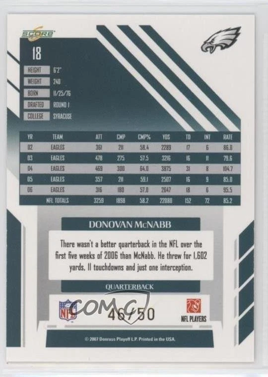 2007 Score Select Gold Zone /50 Donovan McNabb #18 - Image 2 of 2