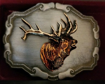 Vintage Western Belt Buckle Bugling Elk 3D Enamel On Brass 1978 Raintree #4059