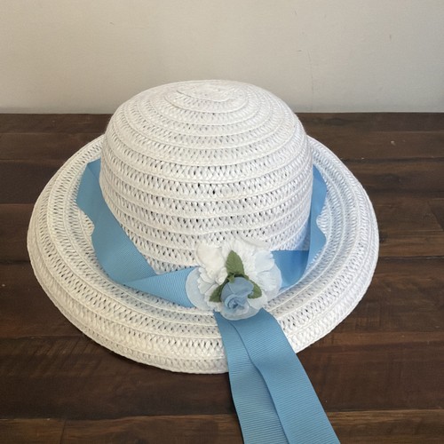 Little Girls White Blue Floral Church Sunday Bonnet Hat Chin Strap OS Derby