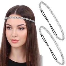 2 Pcs Elastic Rhinestone Headband Adjustable Silver Headband 70s Sparkly Metal