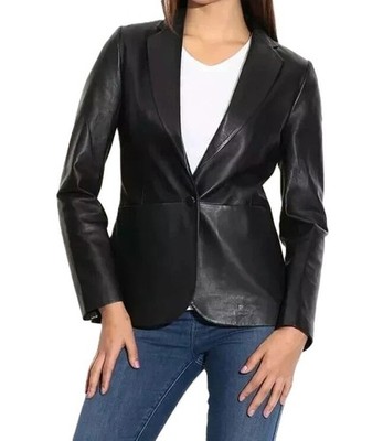 Damen Schwarz Echtleder Blazer Einknopf Maßgeschneidert Jacke Winter Oberbekl...