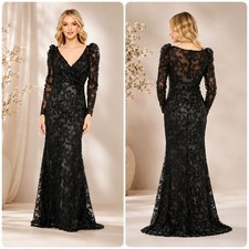 Mac Duggal 11324 Illusion Sleeve Sequin Lace Gown Maxi Dress Size 6 Black