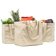  Canvas Grocery Bag 3pc XL Set with Real Pockets, Long Shoulder Strap and Beige
