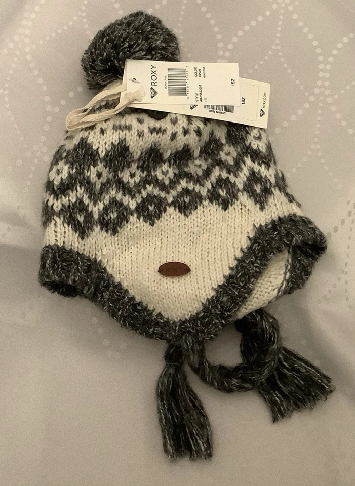 NUEVO CON ETIQUETAS | Sombrero tejido unisex Roxy | Talla 1 | Riel descendente | Gris y blanco | Gorro Foto 2 de 4