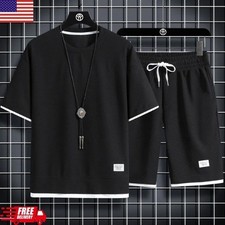 Men's Summer Sports Set Waffle T-Shirt Shorts 2PCS Casual Tracksuit