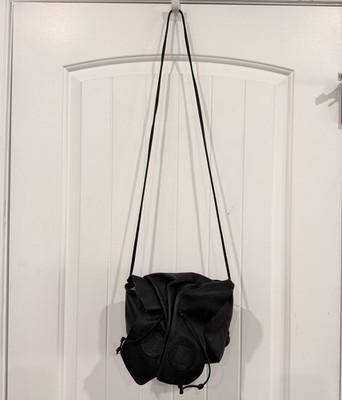 Carlos Falchi Black Textured Leather Slouchy Drawstring Bucket Shoulder Bag