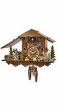 Quartz Cuckoo Clock Black Forest house with moving tractor, w.. EN 42830 QMT NEW