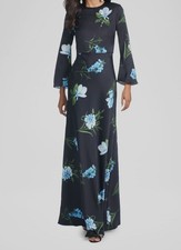Sachin Babi Women's Blue Embellished Floral-Print Satin Crepe Gown Dress Sz 2