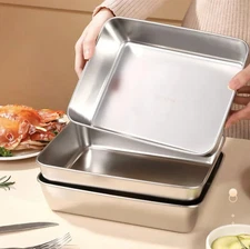 3pcs Stainless Steel Rectangle Tray Large Capacity Food Serving Plate - NEW