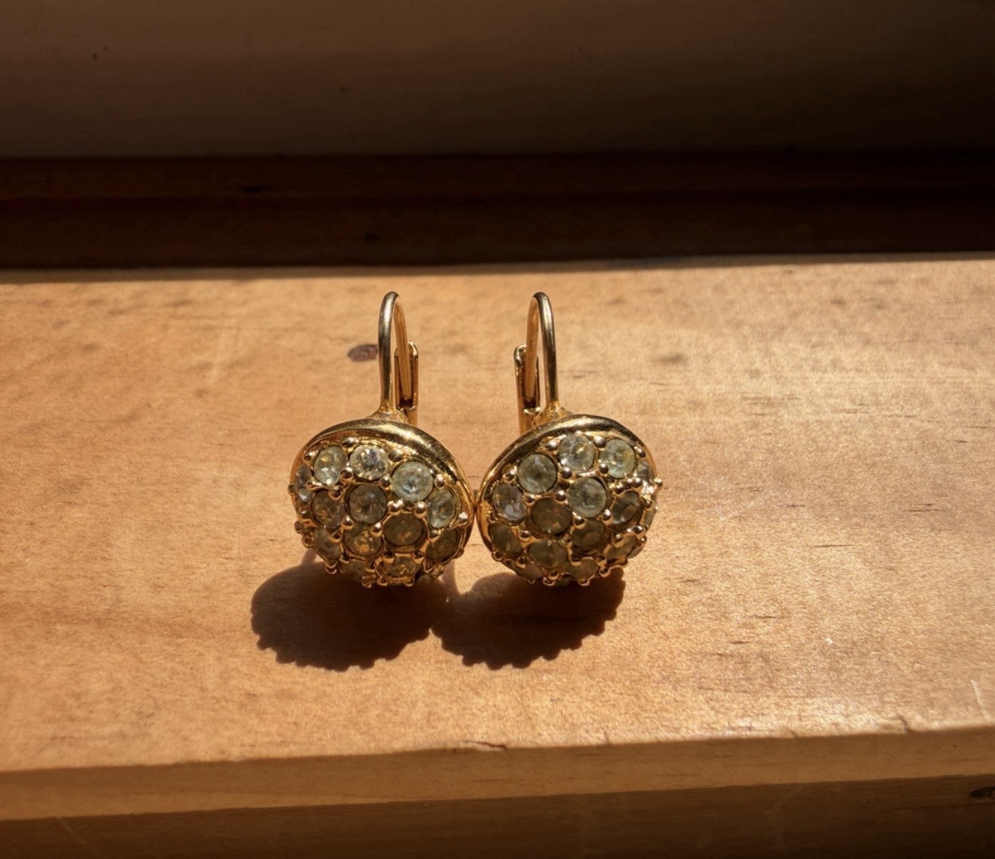 Vintage Nolan Miller Gold Plated- Rhinestone Leverback Pierced Dangle Earrings