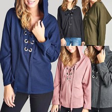 Women's Dolman Long Sleeve Lace Up Pullover Hoodie Sweatshirt S M L