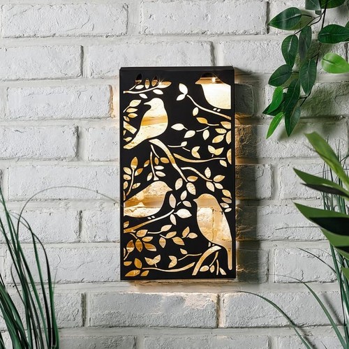 Solar Metal Wall Art Panel 5 LED Lights Bird Leaf Home Garden Fence Porch Decor - Picture 2 of 2