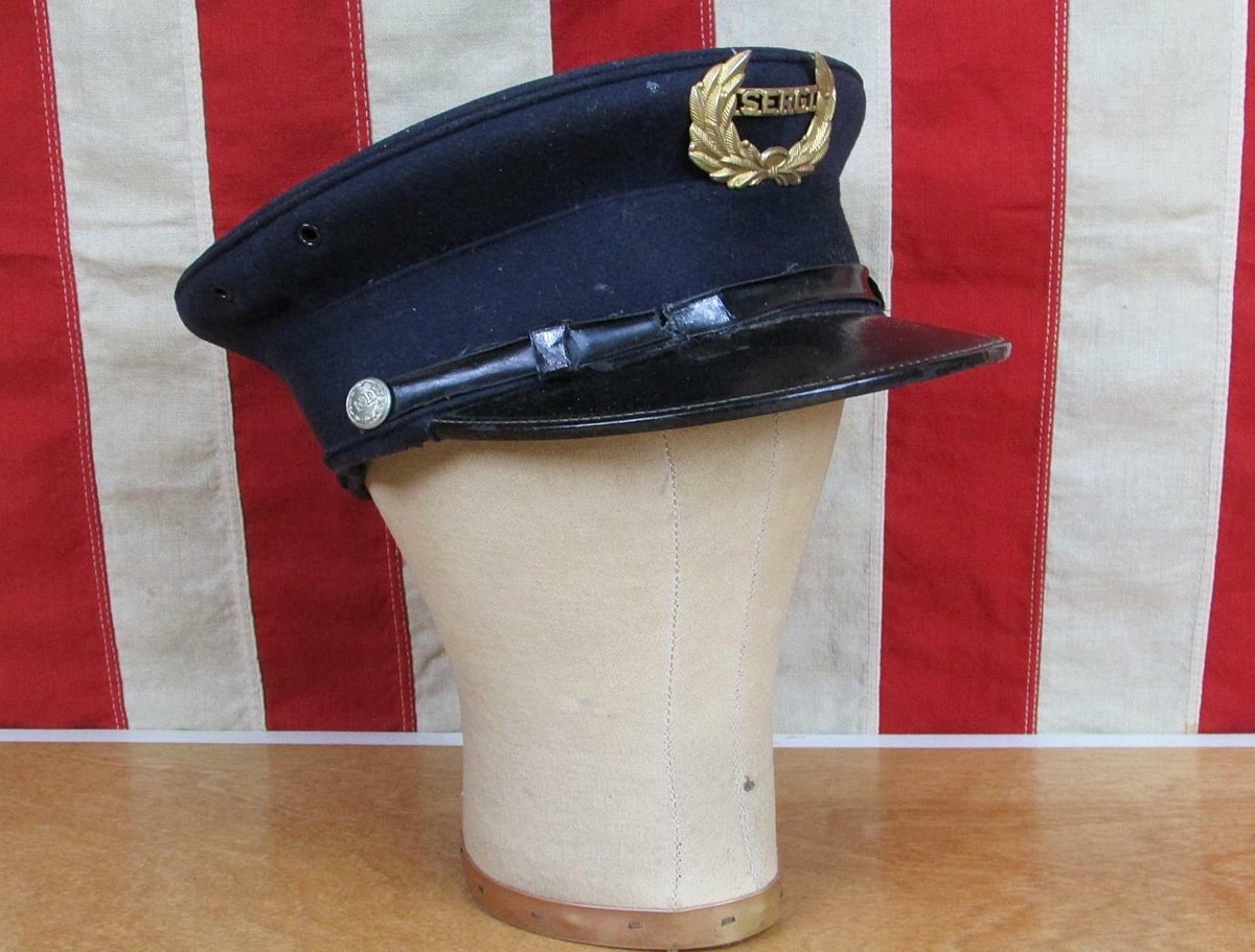 Vintage 1940s Firefighters Wool Visor Cap Hat Sergeant Badge Fire