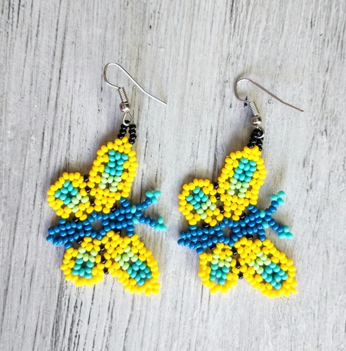 Handmade Seed Bead Bohemian Butterfly Earrings Arete Huichol Beaded  - Picture 4 of 4