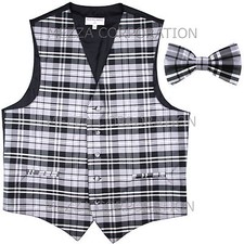 New Vesuvio Napoli Men's plaids checks Tuxedo Vest Waistcoat Bowtie Gray prom