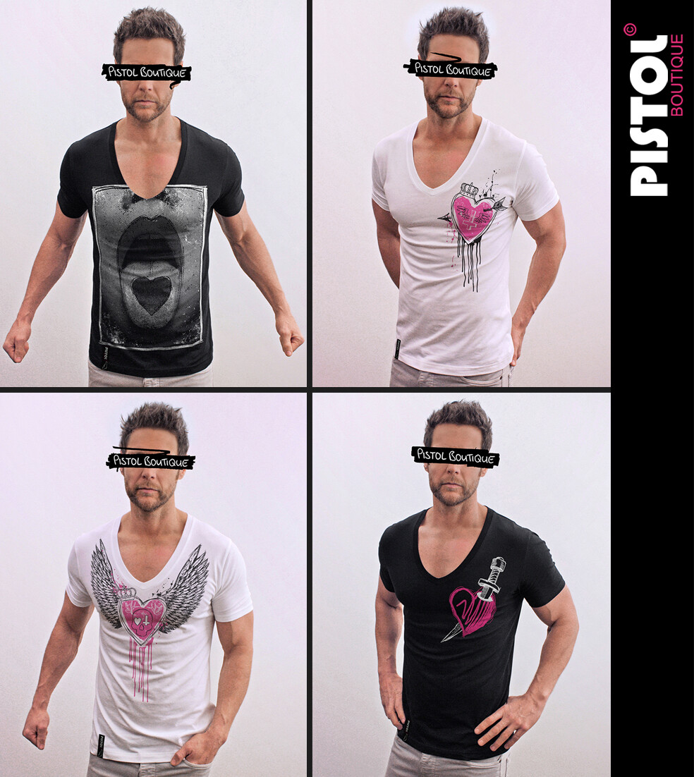 Pistol Boutique Uomo Aderente Nero Girocollo Teschio Cuore Croce Occhi T- Shirt