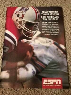 1988 ESPN FOOTBALL Poster Print Ad NEW ENGLAND PATRIOTS MIAMI DOLPHINS 1980s