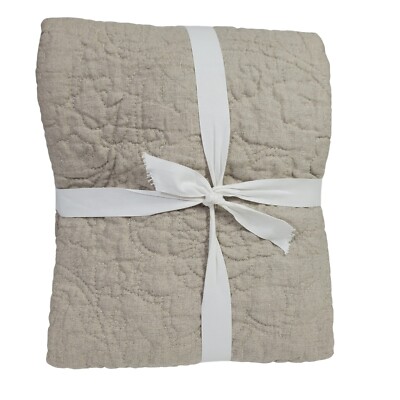S/2 Pottery Barn Belgian Flax Linen Floral Stitch Quilted King Shams ''Dark Flax''