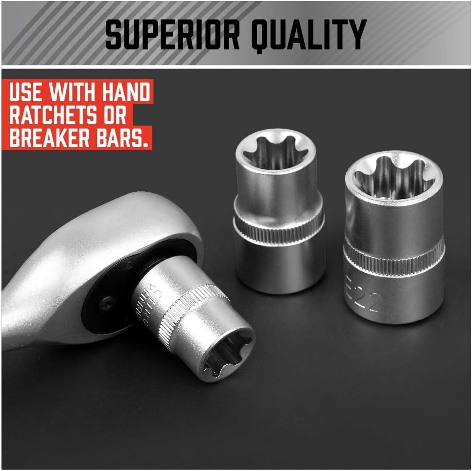 Juego De 14 Llaves De Vaso E-Torx (Estrella) - Incluye E4 A E24, Para 1/4", 3/8" Y 1/2", En Caja De Almacenaje