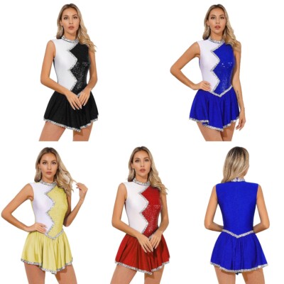 Womens Figure Skating Sequin Dress Lyrical Dancewear Color Block Ballet Tango