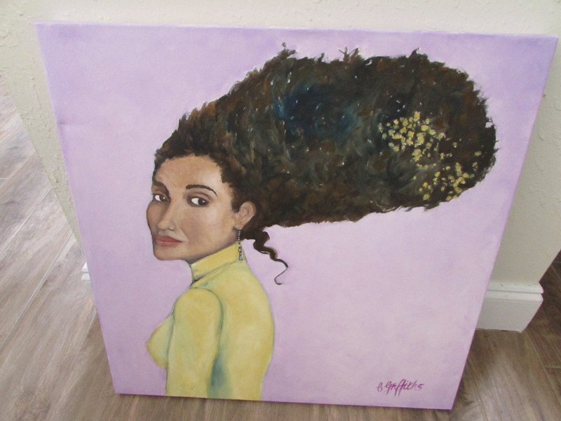 Unframed Painting of Woman With Beehive Hairdo Signed Griffiths 24 x 24