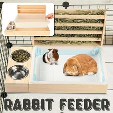 Wooden Hay Feeder with Litter Box Bowl Set for Rabbit Bunny Guinea Pig Cage Use