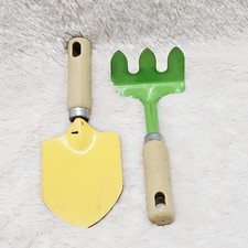 Set of 2 Kids Garden Tools Yellow Metal Shovel  Green Rake with Plastic Handles