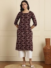 Indian Women Brown COTTON Floral Printed Causal Kurta Kurti Top Tunic New Dress