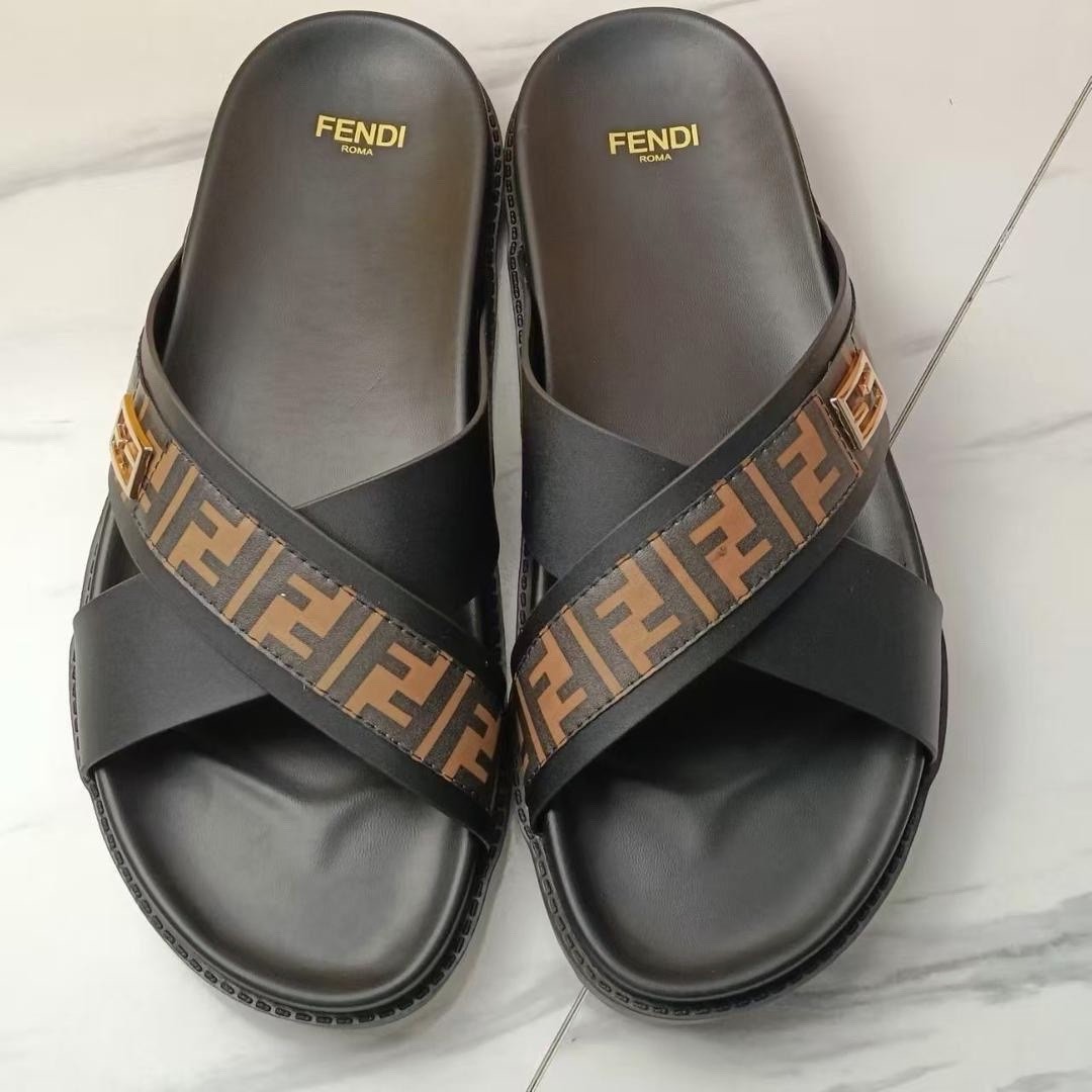 Fendi Men’s Black Brown FF Logo Leather Slide Sandals Slip-On Straps US 8.5