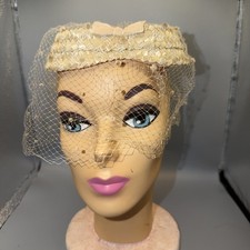 Vintage 1950  s Ladies Straw Hat With Bird Cage Veil Pink Velvet Bows
