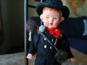 Doll-Chimney Sweep-Celluloid-Hand Painted Face-5.5" w Ladder, Brushes, Ash Scoop