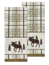 Set of 2 Moose Pine Tree Bath Hand Towels Rustic Lodge Cabin Decor 100% Cotton