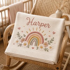 Personalized Rainbow Knit Baby Blanket Custom Daisy Floral Girl Keepsake