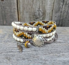 Southwestern Beaded Leather Wrap Bracelet Boho Seed Beads Turquoise