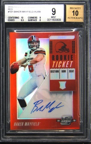 2018 PANINI CONTENDERS OPTIC RED BAKER MAYFIELD ROOKIE RC 49/99 BGS 9 AUTO 10