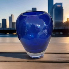 Cobalt Blue Art Glass Vase 6.25 Oval Shaped Clear Bottom Heavy