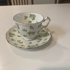 Aynsley Footed Tea Cup And Saucer Shamrock Bone China Set