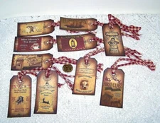 10-Christmas-Old World-Primitive-Handmade-Farmhouse-Linen Cardstock-Gift Tags