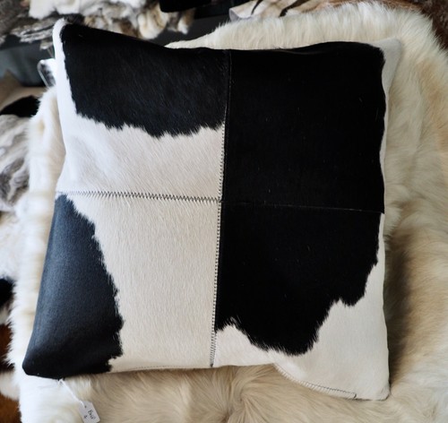 BLACK ON WHITE DOUBLE SIDED 4 panel 50CM SQ COWHIDE CUSHION COVER - Picture 6 of 7