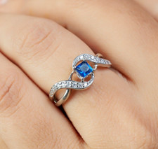 Princess Cut Created Blue Sapphire Engagement Ring For Women 925 Sterling Silver