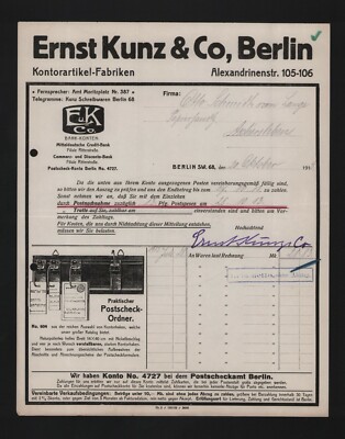 BERLIN, Rechnung 1913, Ernst Kunz & Co. Schreibwaren-Fabrik Kontor-Utensilien