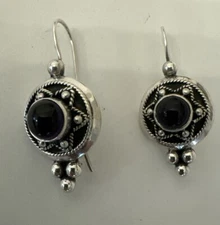 925 Sterling Silver Deep Purple Stone Wire Drop Earrings 12g 1.5” Drop