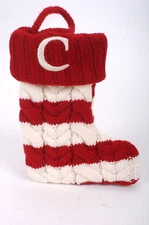 Cable Knit Red & White Stiped Mini Christmas Stocking "C" Lined 8" Holiday 7111