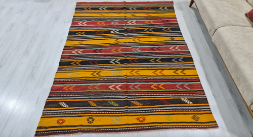 5x7 Rug, yellow Rug, area rug, rug kilim, striped carpet, rug, tribal rug, baho