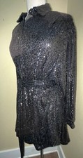 Full Sequin Black Tunic Dress 40" Bust Sparkle Tie Belt 33 Length LS Gianni Bini